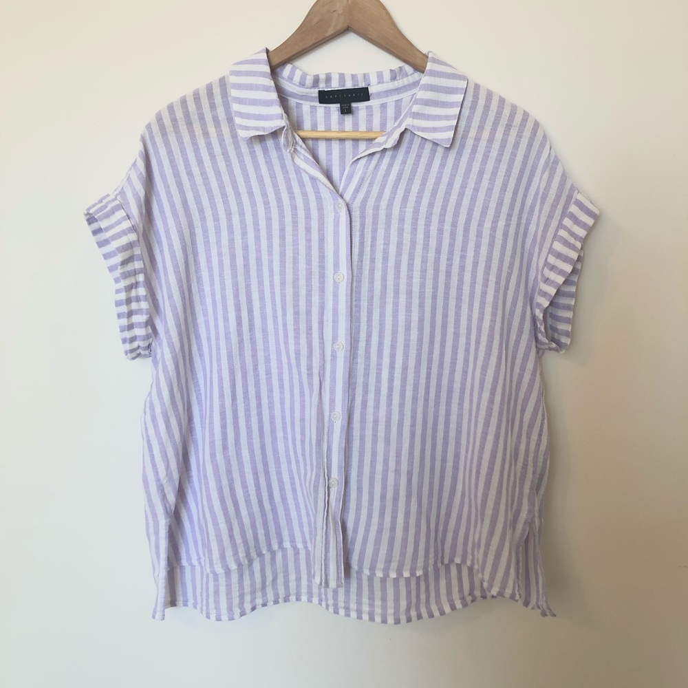 purple and white striped button up top